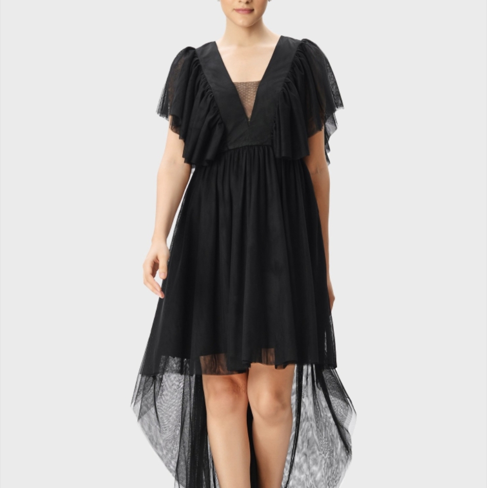 Ruffle Sheer Tulle High Low Dress